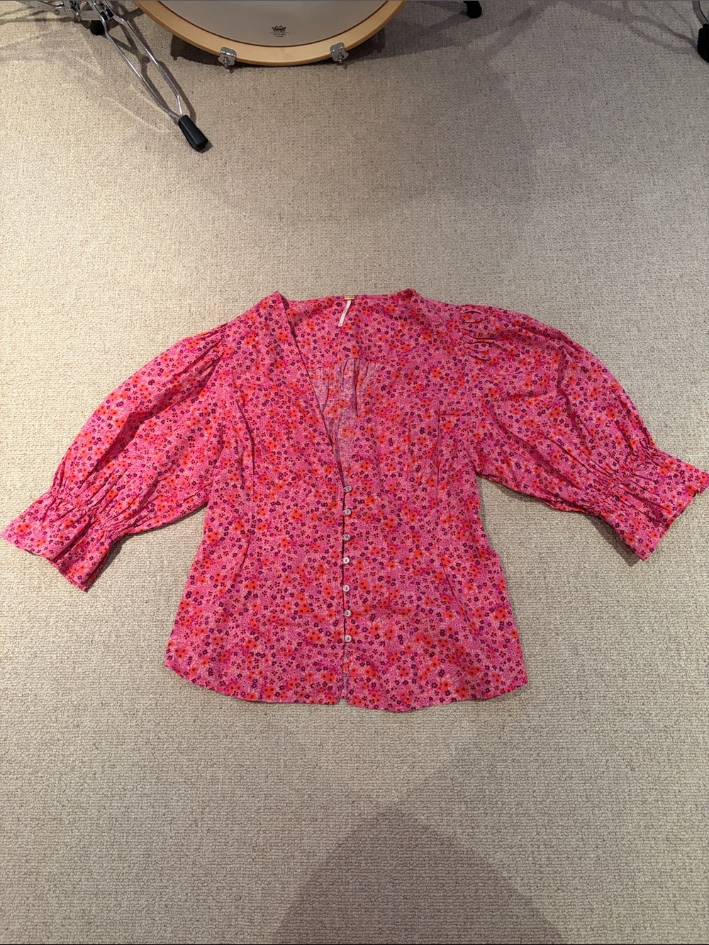 Free People Pink Floral Button-Front Puff Sleeve Blouse